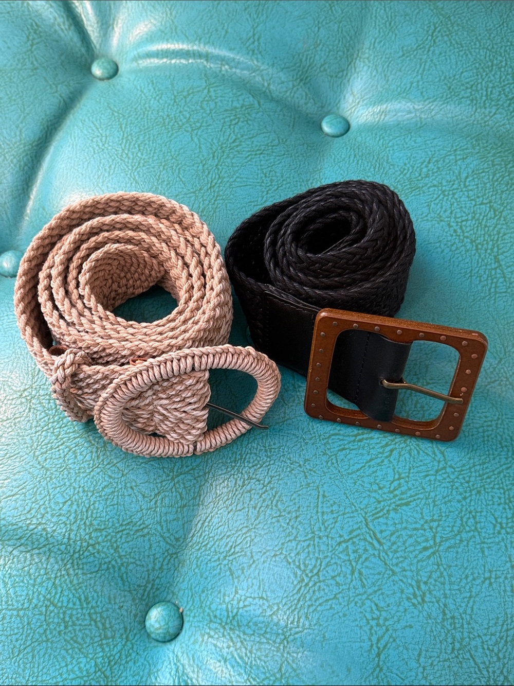 Set of two woven wide statement belts black and natural M/L boho cinching - Picture 3 of 11